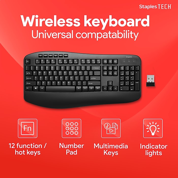 Staples TECH Wireless Comfort Keyboard, Black (ST62602) | Staples