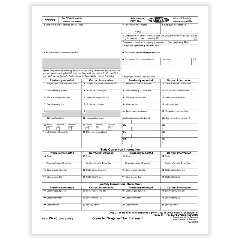 ComplyRight 2024 W-2C Tax Form, 1-Part, Copy 2/C, 50/Pack (531650) image 1