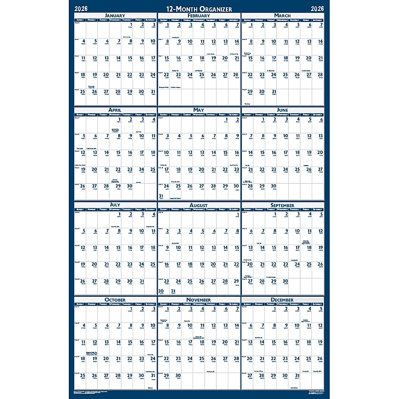 2026 House of Doolittle 48" x 32" Yearly Dry Erase Wall Calendar, Reversible, Blue (3961-26) image 1