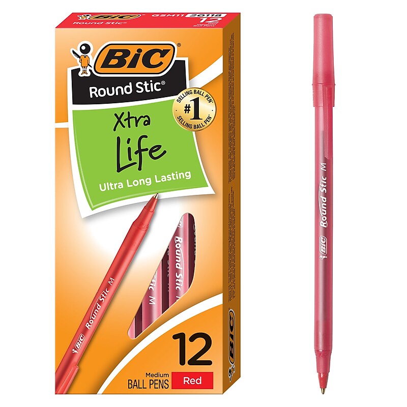 BIC Round Stic Xtra Life Ballpoint Pens, Medium Point, 1.0mm, Red Ink, Dozen (20118/GSM11RD) image 1