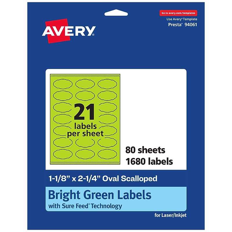 Avery Scalloped Decorative Edge Multipurpose Labels, 1-1/8" x 2-1/4", Bright Green, 1680/Box (94061) image 1
