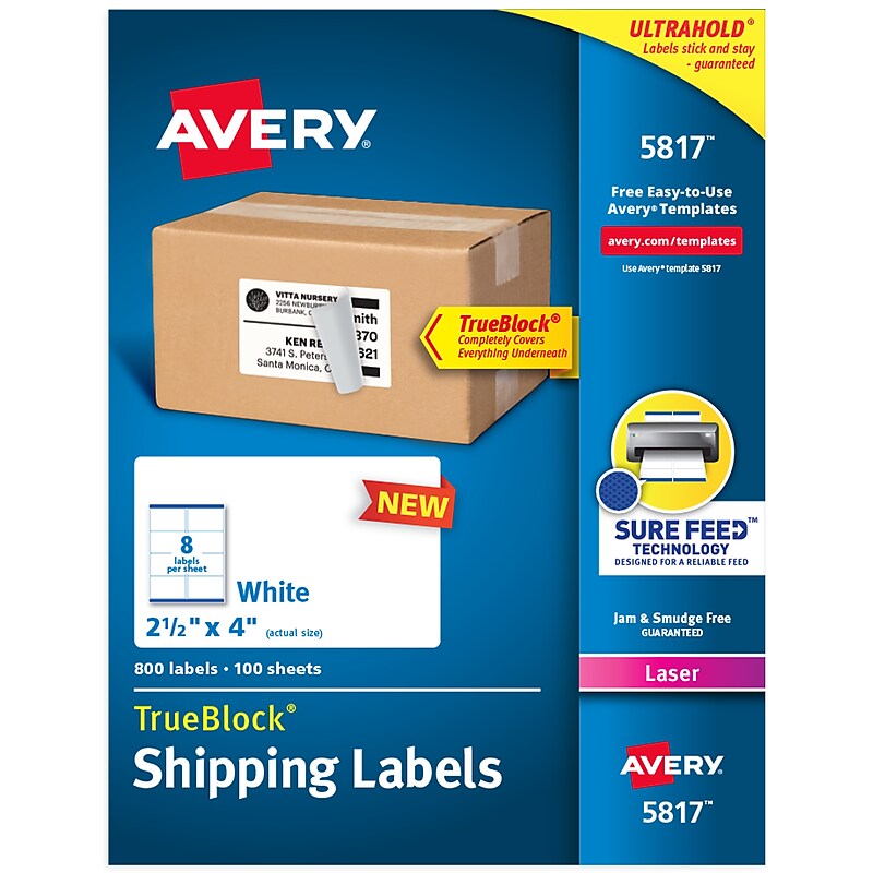Avery TrueBlock Laser Shipping Labels, 2-1/2" x 4", White, 800 Labels/Box (5817) image 1
