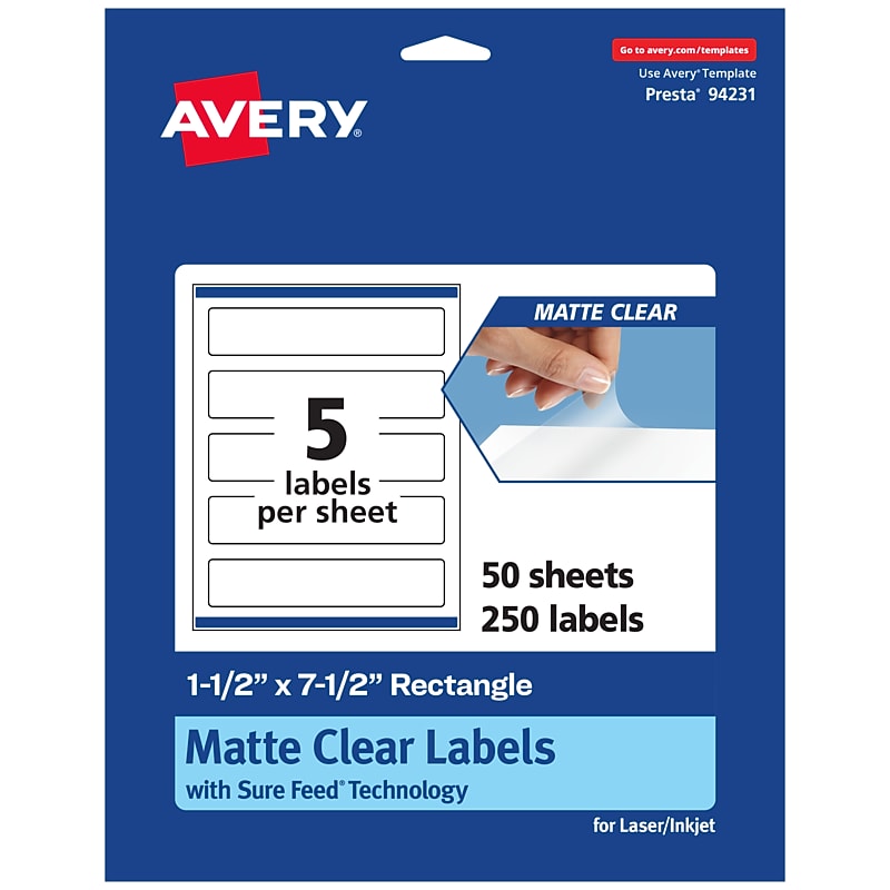 Avery Laser/Inkjet Rectangle Multipurpose Labels, 1-1/2" x 7-1/2", Clear, 250/Box (94231) image 1