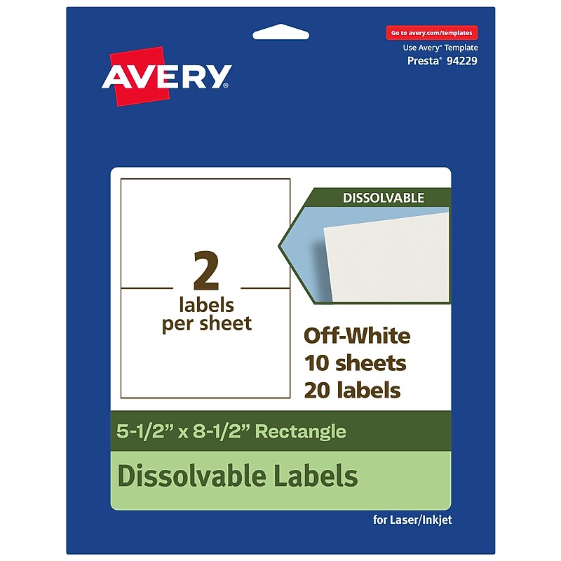 Avery Dissolvable Rectangle Multipurpose Labels, 5.5" x 8.5", Off-white, 20/Pack (94229) image 1