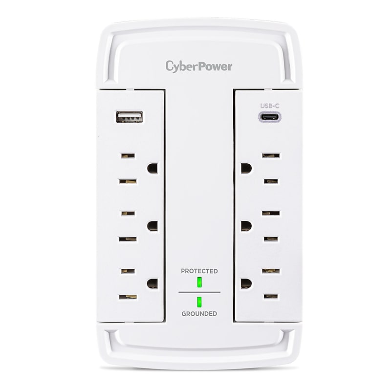 CyberPower P6WSUC15 Home Office 6-Outlet Wall Tap Surge Protector, 1-USB-C Port, 1-USB-A Port, 2400J Surge Suppression, White image 1