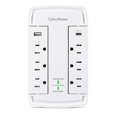 CyberPower P6WSUC15 Home Office 6-Outlet Wall Tap Surge Protector, 1-USB-C Port, 1-USB-A Port, 2400J Surge Suppression, White Simolary simolary.com