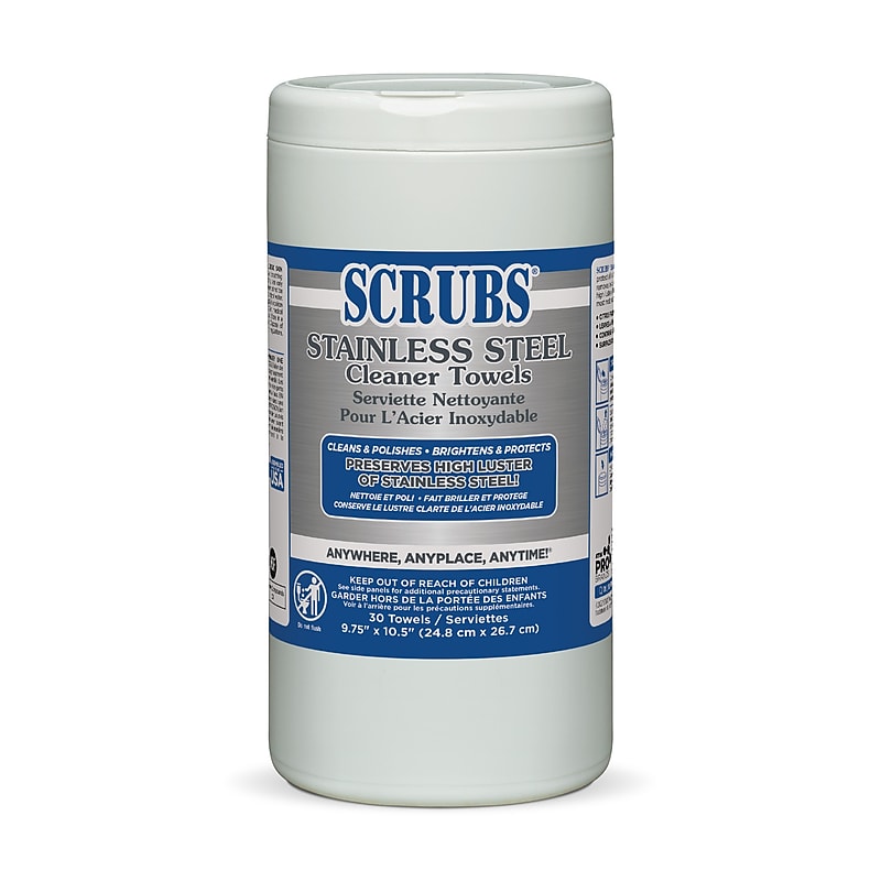 SCRUBS Stainless Steel Cleaner Polish Dual-Sided 9.75" x 10.5" Wipes, 30/Pack (ITW91930) image 1