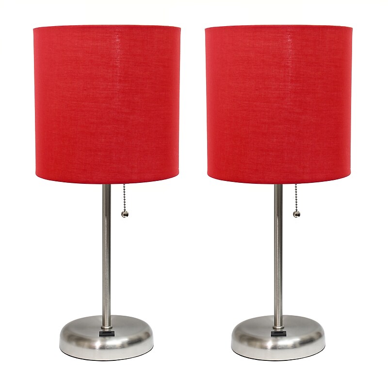 Creekwood Home Oslo Duo 19.5" LED Table Lamp with USB Port, Brushed Steel/Red Shade, 2/Set (CWT-2012-RE-2PK) image 1
