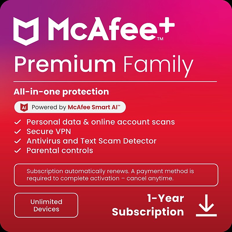 McAfee+ Premium Family for Unlimited Devices, Windows/Mac/Android/iOS/ChromeOS, Download (MPP21EUSURFLD) image 1