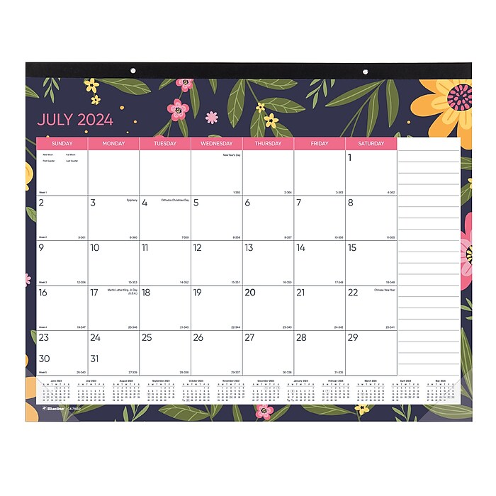 Greta Academic Year Desk Pad Calendar, Floral Artwork, 22 x 17, Green/White/Pink Sheets, 12-Month (July to June): 2023-2024