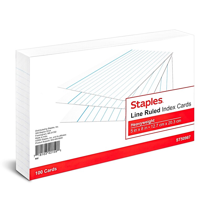 Staples™ 5" x 8" Index Cards, Lined, White, 100/Pack (TR50987) image 1