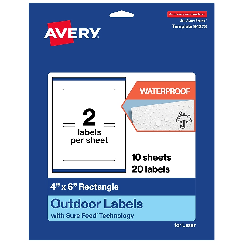 Avery Waterproof Rectangle Laser Multipurpose Labels, 4" x 6", White, 20/Pack (19479399392) image 1
