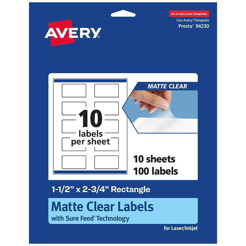 Avery Laser/Inkjet Rectangle Multipurpose Labels, 1.5" x 2.75", Clear, 100 Labels/Pack (94230) image 1