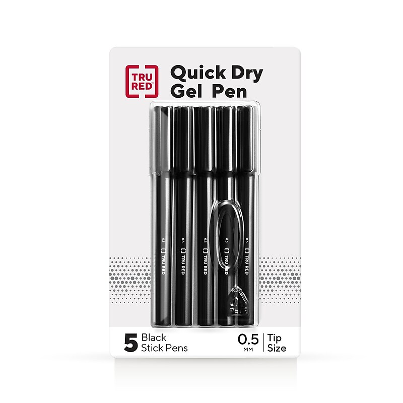 TRU RED™ Quick Dry Gel Pens, Fine Point, 0.5mm, Black, 5/Pack (TR54468) image 1