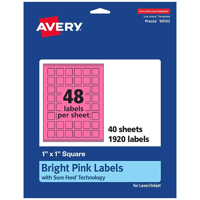 Avery Laser/Inkjet Square Multipurpose Labels, 1" x 1", Bright Pink, 1920/Pack (94103) image 1