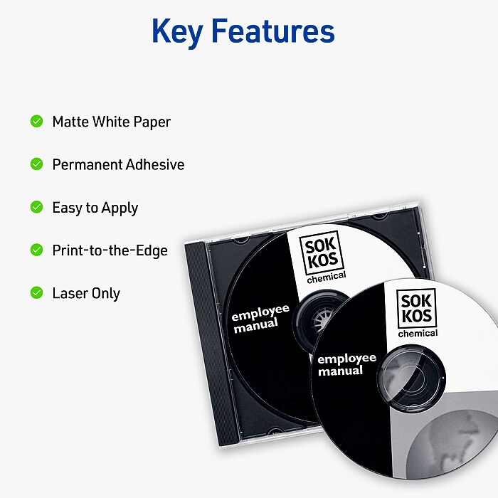 Avery Color Laser CD Labels, Matte White, 2 Labels/Sheet, 15