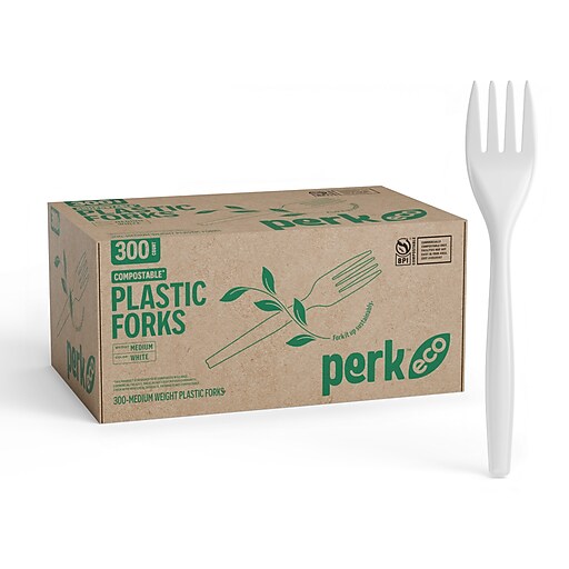 Perk™ Eco Compostable PLA Fork, Medium-Weight, White, 300/Pack