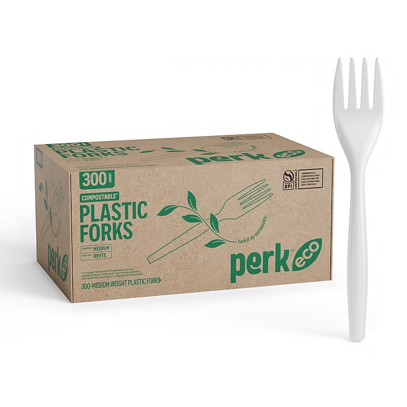 Perk™ Eco Compostable PLA Fork, Medium-Weight, White, 300/Pack (PK56201) image 1