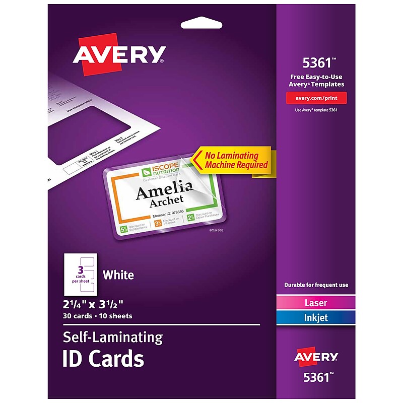 Avery Self-Laminating ID Cards, Matte White, 30/Pack (05361) image 1