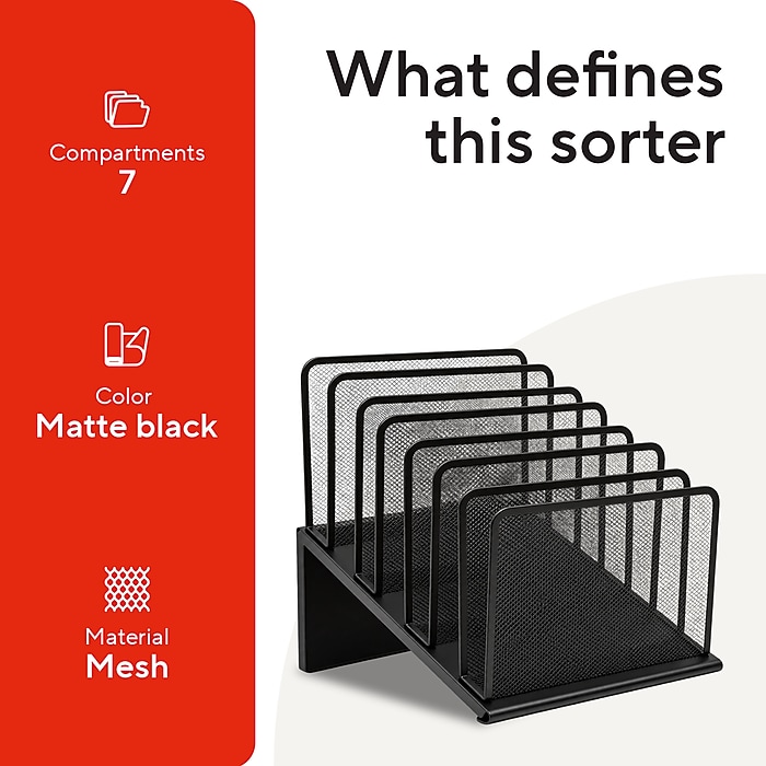 TRU RED™ 7-Compartment Metal Mesh File Organizer, Matte Black
