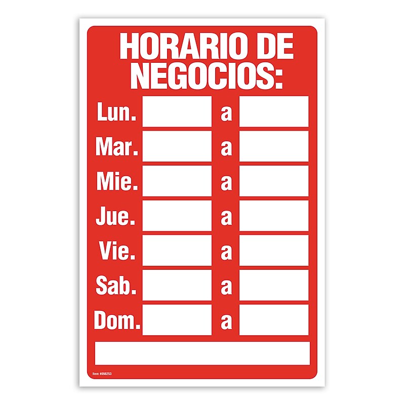Cosco Horario de Negocio Sign, Red/White Plastic, 8" x 12" (098253) image 1