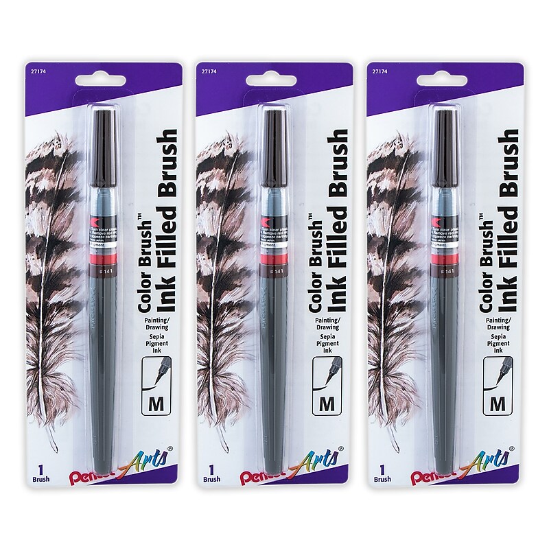 Pentel Arts Color Brush with Pigment Ink, Medium Tip, Sepia, 3/Pack (PTAGFPBP141-3) image 1
