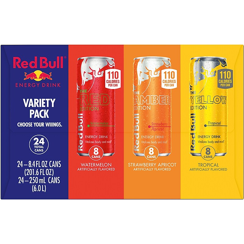 Red Bull Watermelon/Tropical/Strawberry Apricot Energy Drinks, 8.4 fl. oz., 24 Cans/Carton (RB901417) image 1