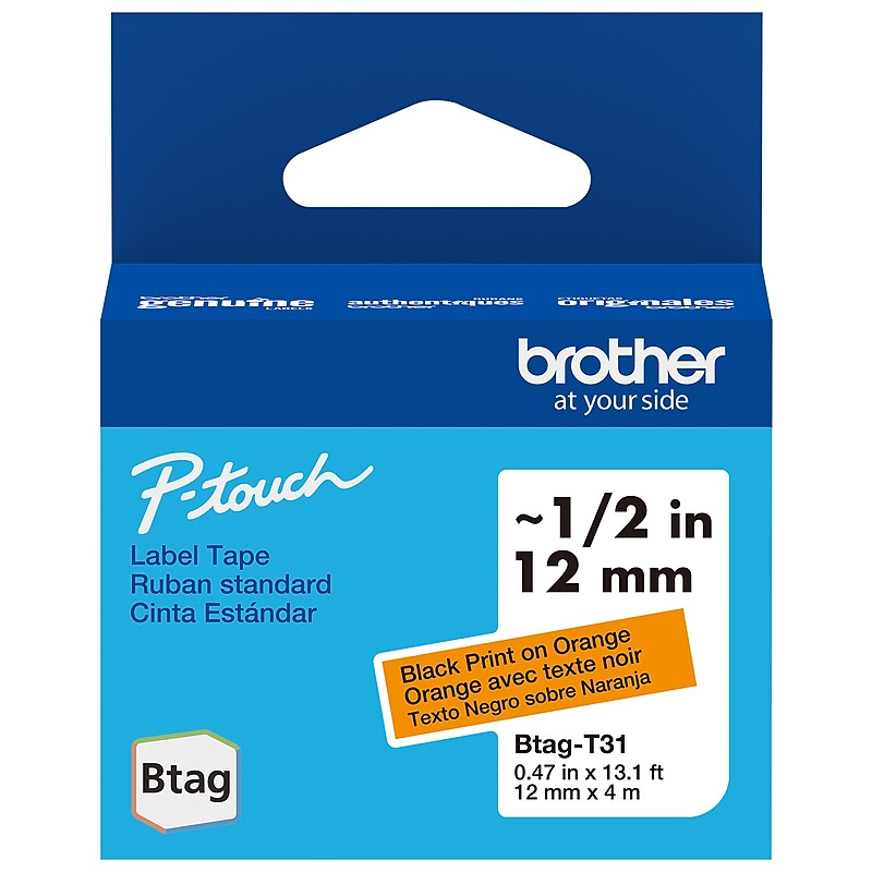 Brother P-touch Btag Label Tape, 1/2" x 13.1' (12mm x 4m), Black on Orange (BTAGT31) image 1