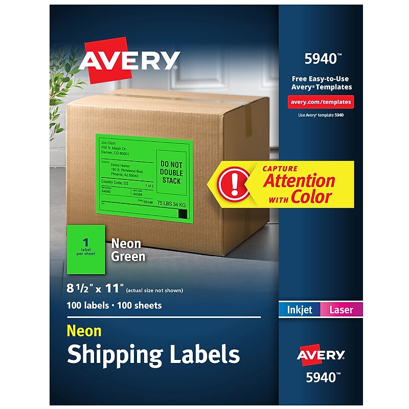 Avery Laser Shipping Labels, 8-1/2" x 11", Neon Green, 100 Labels/Box (5940) image 1