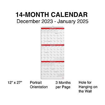 2024 Staples 12" x 27" Wall Calendar, Red/White (ST53920-24)