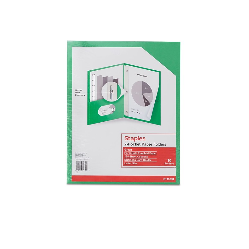 Staples 2-Pocket Presentation Folders with Fasteners, Green, 10/Pack (13388-US) image 1