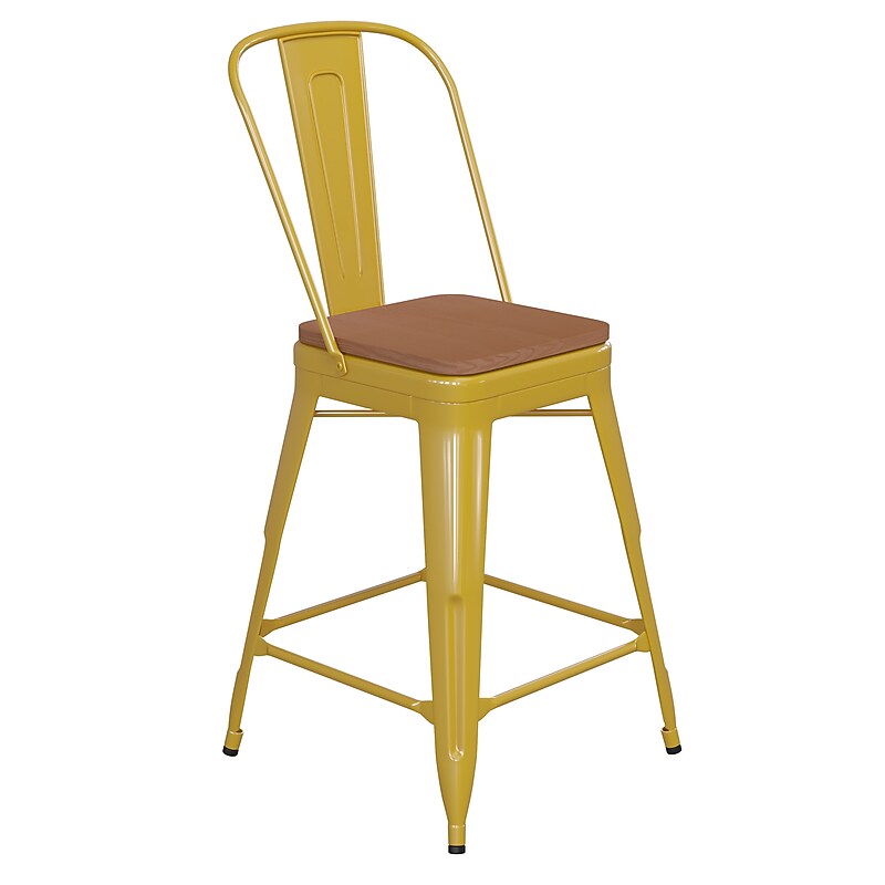 Flash Furniture Kai Indoor-Outdoor Counter Height Stool with Removable Back, Yellow with Teak Seat (CH3132024GYLP2T) image 1