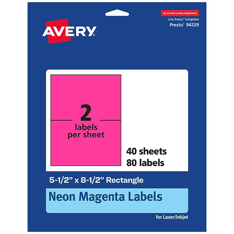 Avery Laser/Inkjet Rectangle Multipurpose Labels, 5.5" x 8.5", Neon Magenta, 80/Pack (94229) image 1