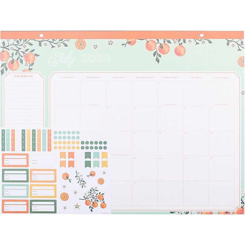 2024-2025 The Happy Planner Sweet Citrus 22" x 17" Academic Monthly Desk Calendar, Orange/Green (PDC3D12-076) image 1
