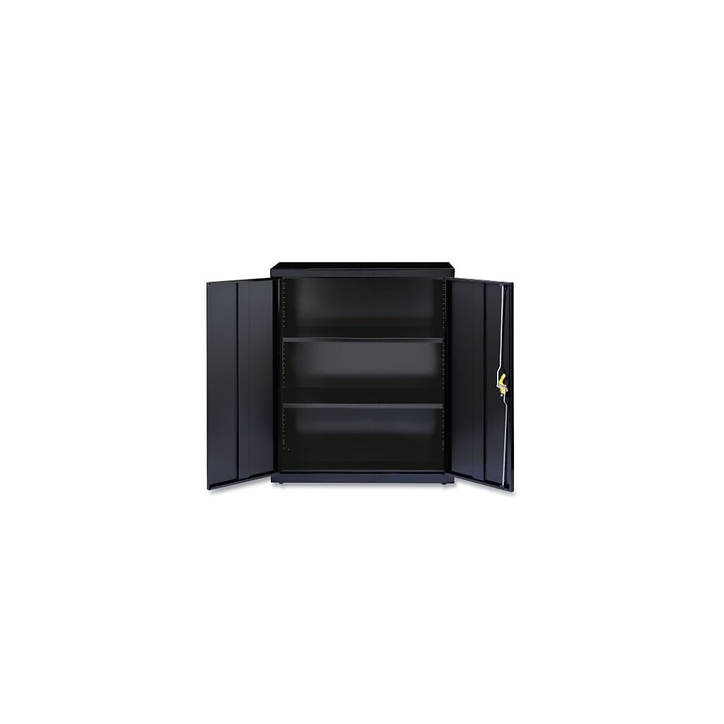 Front view of black metal cabinet with doors open