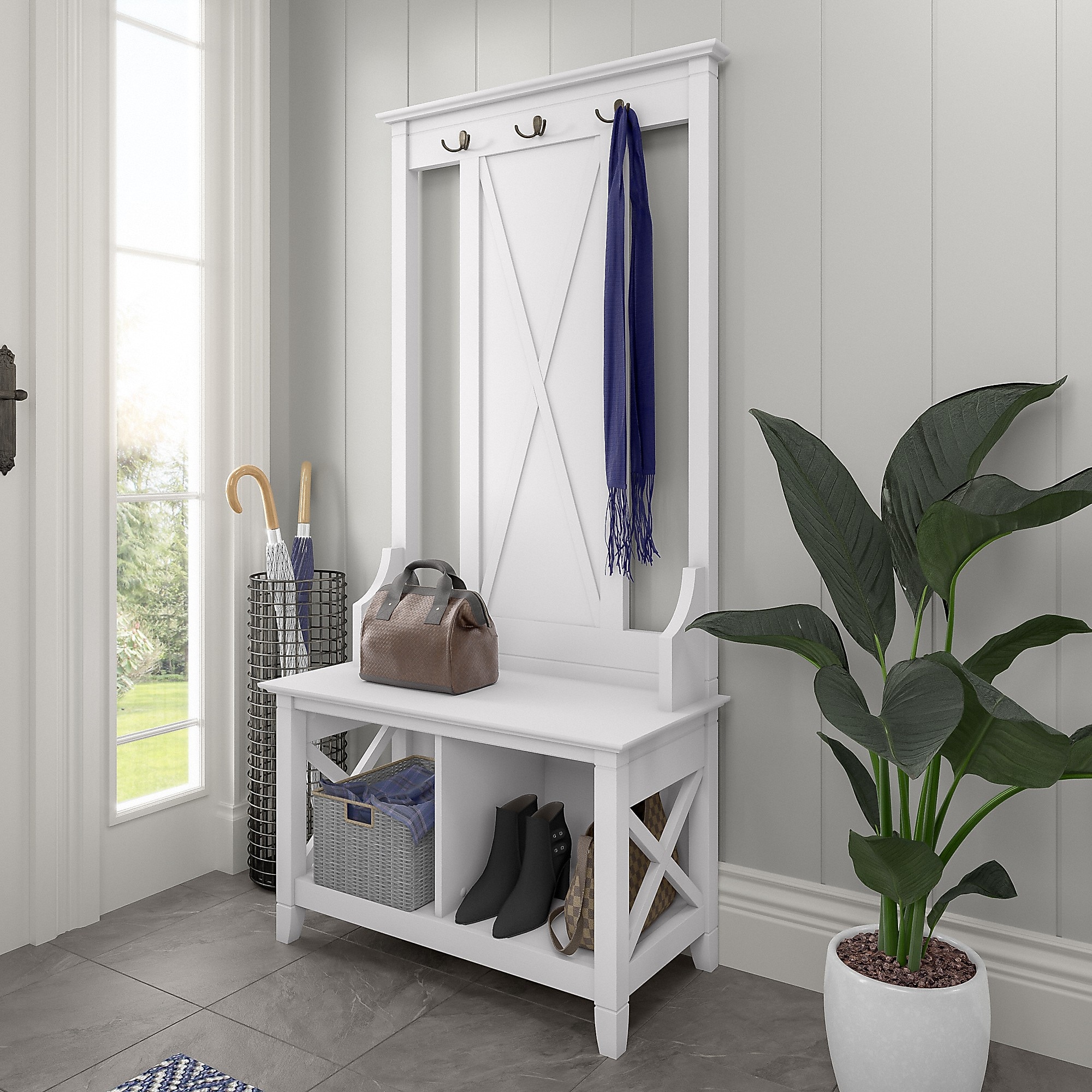 Bush Furniture Key West 66″ Hall Tree with Shoe Storage Bench, Pure White Oak (KWS166WT-03) Sansujyuku sansujyuku.com