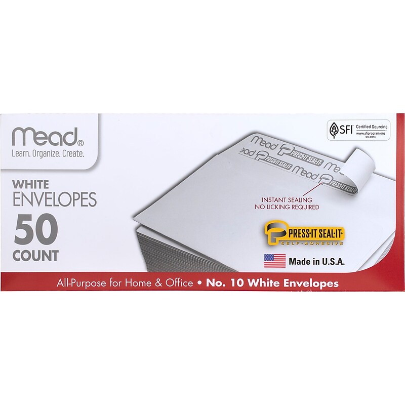 Mead Self Seal #10 Business Envelope 4 1/8" x 9 1/2", White, 50/Pack (75024) image 1