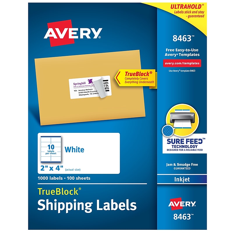 Avery TrueBlock Inkjet Shipping Labels, 2" x 4", White, 1,000 Labels/Box (8463) image 1