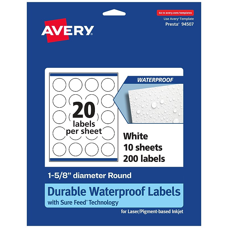 Avery Laser/Inkjet Circle  Waterproof Multipurpose Labels, 1.625"  Dia, White, 200/Pack (94507) image 1