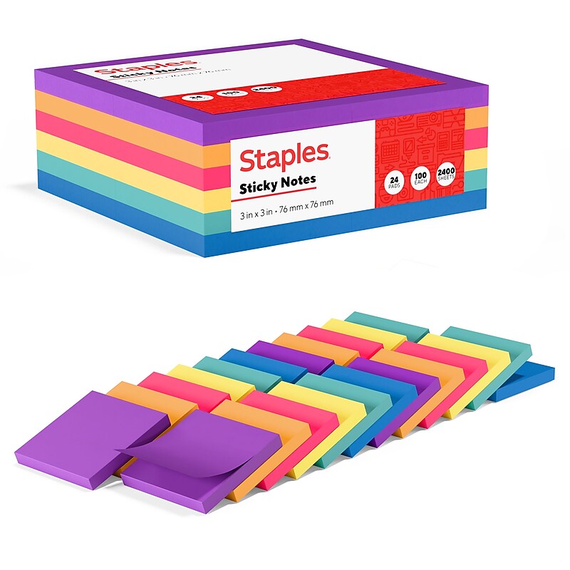 Staples Sticky Notes, 3" x 3", Sorbet Collection, 100 Sheets/Pad, 24 Pads/Pack (S-33BO24) image 1