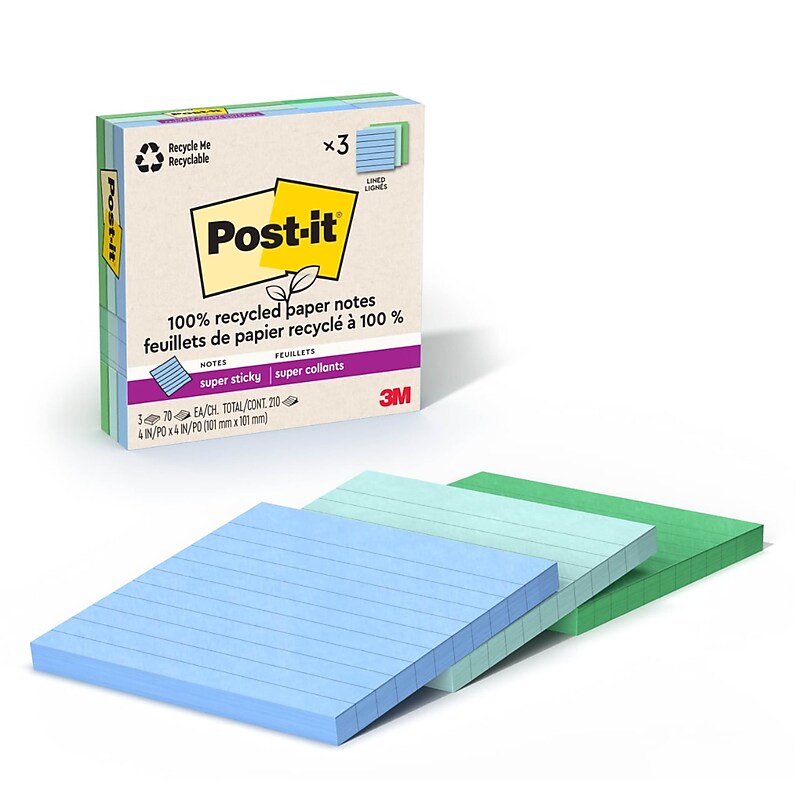 Post-it Oasis Recycled Super Sticky Notes, 4" x 4", Oasis Collection, Lined, 70 Sheets/Pad, 3 Pads/Pack (675R-3SST) image 1
