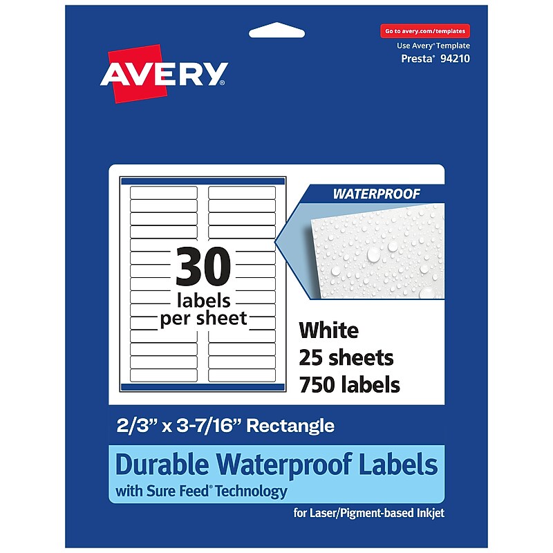 Avery Laser/Inkjet Rectangle Waterproof Multipurpose Labels, 3.4375"  x 0.6667", White, 750/Pack (94210) image 1