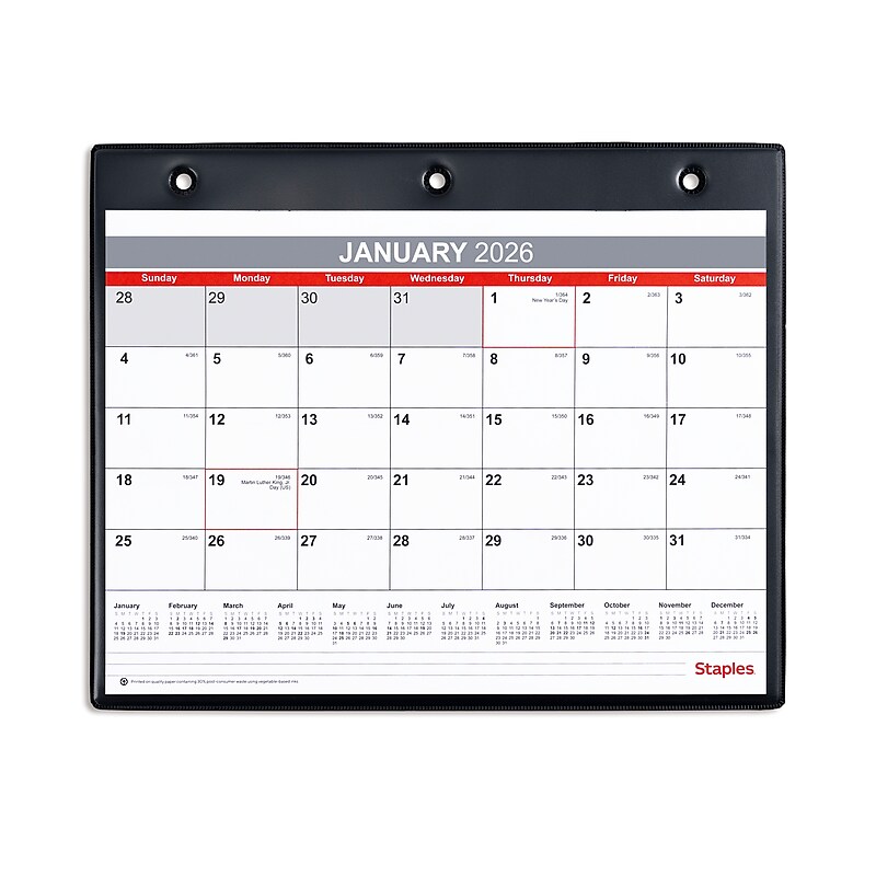 2026 Staples 11" x 8" Monthly Wall Calendar, White/Red/Gray (ST12949-26) image 1