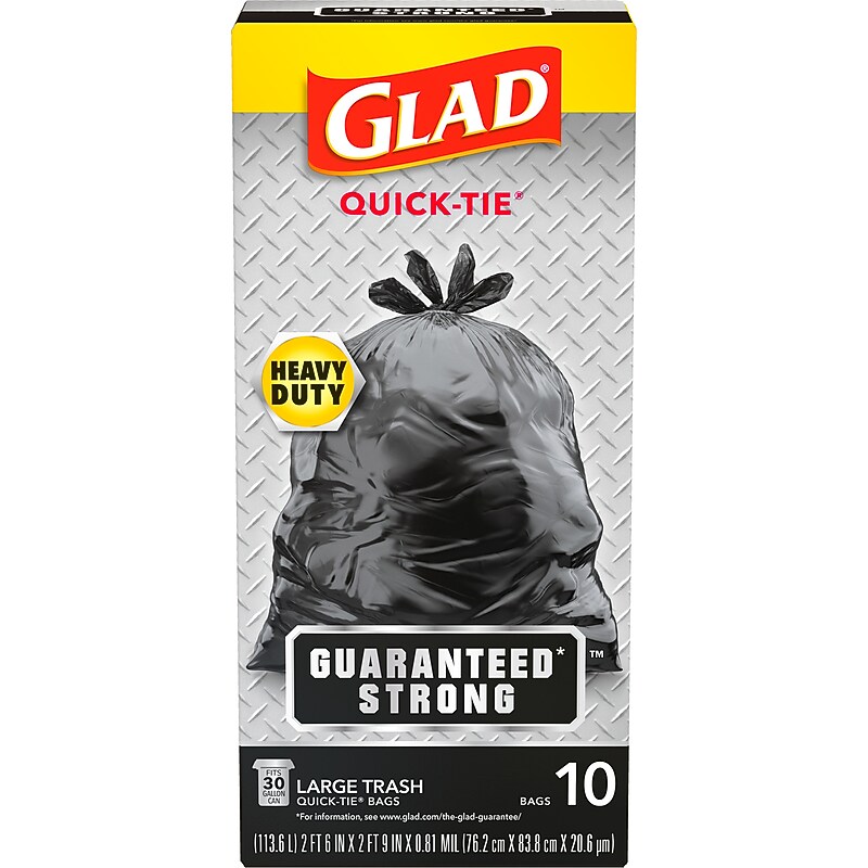Glad Quick-Tie 30 Gallon Trash Bag with 100% PCR, 30" x 33", Low Density, 0.81 mil., Black, 10 Total Bags (00080) image 1