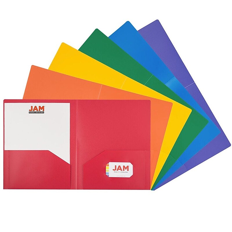 JAM Paper Heavy Duty 2 Pocket Folder, Plastic, Assorted Primary Colors, 12/Pack (383Hrgbyopb) image 1