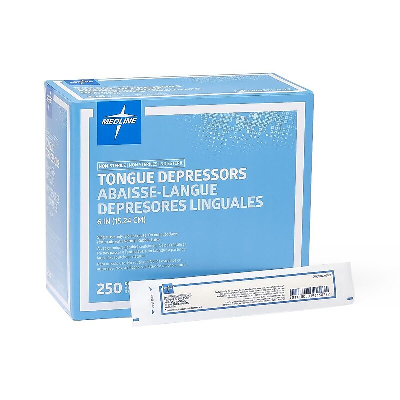 Medline Tongue Depressors, 6" Size, Non-sterile, 250/Box (MDS202077Z) image 1