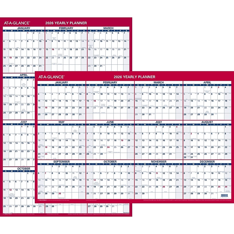 2026 AT-A-GLANCE 36" x 24" Yearly Dry Erase Wall Calendar, Reversible, White/Red (PM26-28-26) image 1