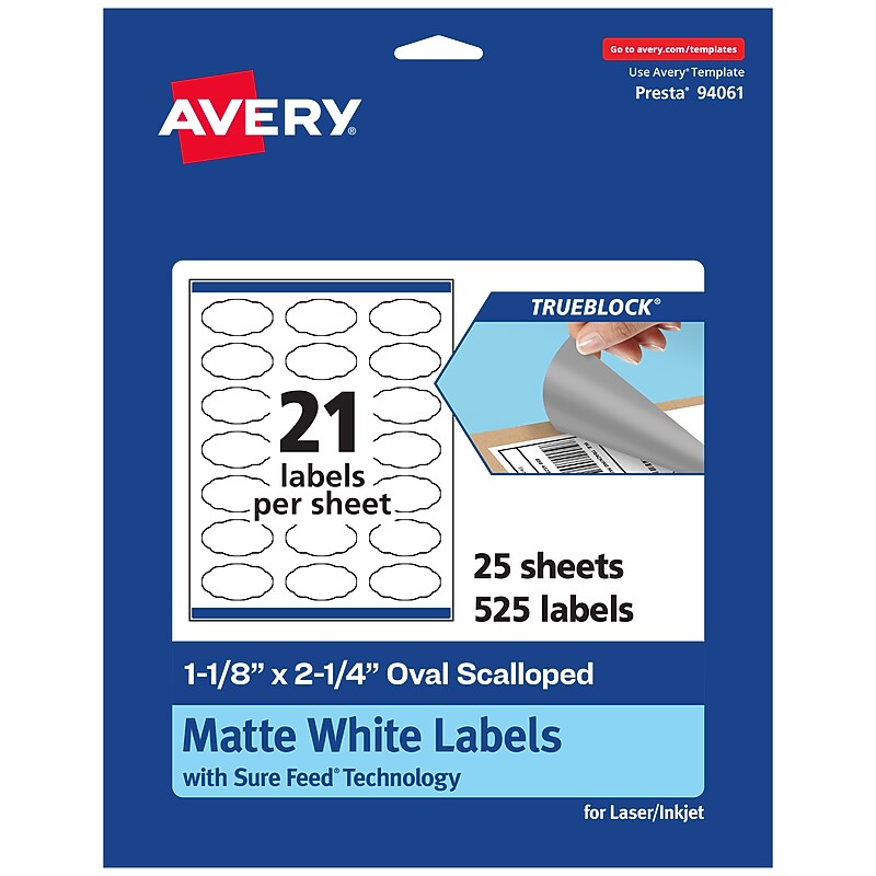 Avery TrueBlock Laser/Inkjet Decorative Edge Multipurpose Labels, 1-1/8" x 2-1/4", White, 525/Pack (94061) image 1