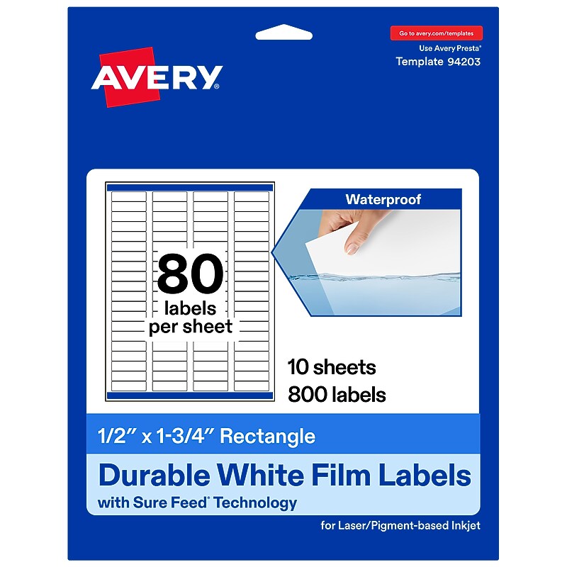 Avery Laser/Inkjet Rectangle Multipurpose Labels, 0.5" x 1.75", White, 800 Labels/Pack (94203) image 1