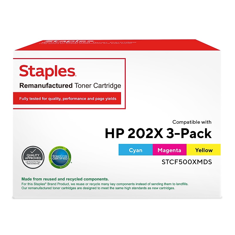 Staples 202X Remanufactured Cyan, Magenta, Yellow High Yield Toner Cartridge Replacement for HP CF500XM, 3/Pack image 1